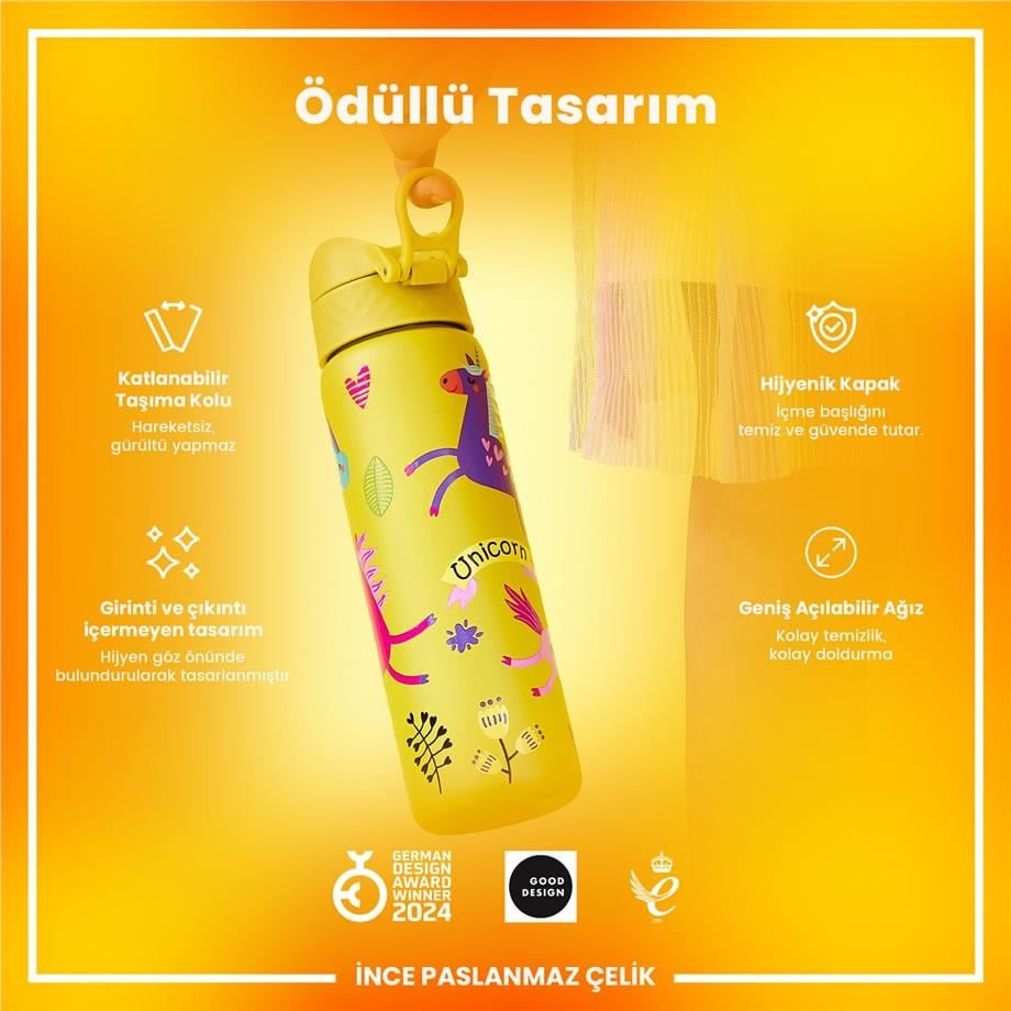 Paslanmaz Çelik İnce Suluk - Sarı Unicorn - 600 ml - Sızdırmaz