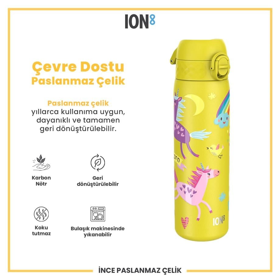 Paslanmaz Çelik İnce Suluk - Sarı Unicorn - 600 ml - Sızdırmaz