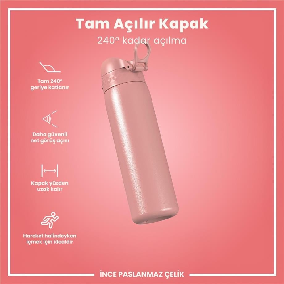 Paslanmaz Çelik İnce Suluk - Gül Pembe - 600 ml - Sızdırmaz