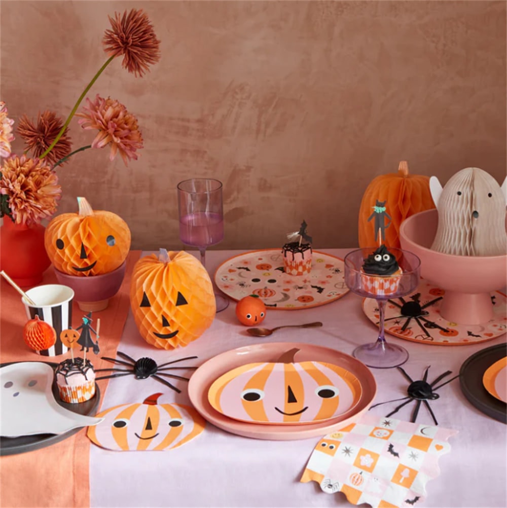 Pink & Orange Stripy Pumpkin Plates - Pembe & Turuncu Çizgili Balkabağı Tabaklar (8'li)