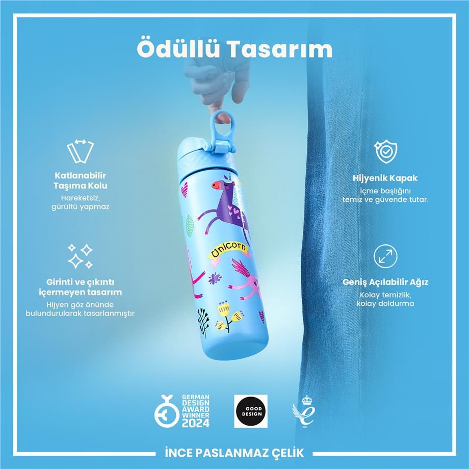 Paslanmaz Çelik İnce Suluk - Mavi Unicorn - 600 ml - Sızdırmaz