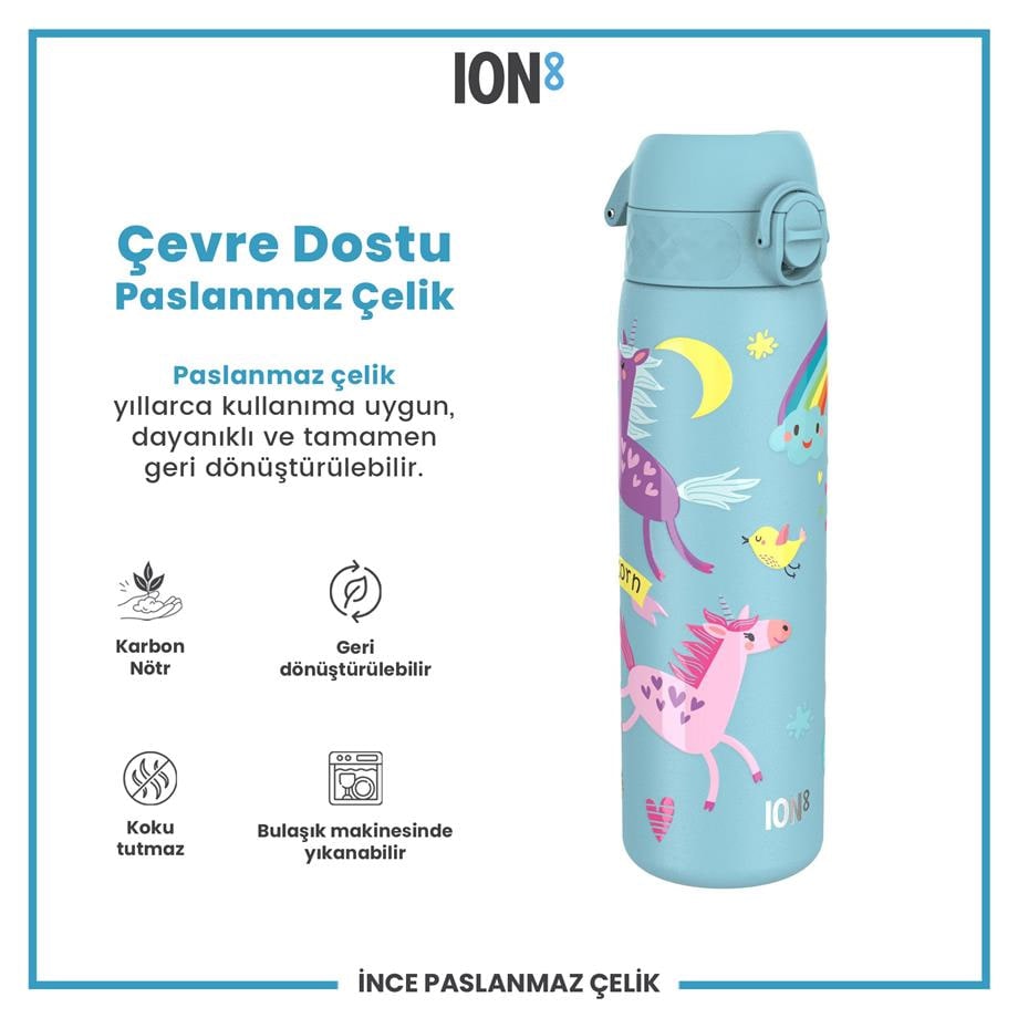 Paslanmaz Çelik İnce Suluk - Mavi Unicorn - 600 ml - Sızdırmaz
