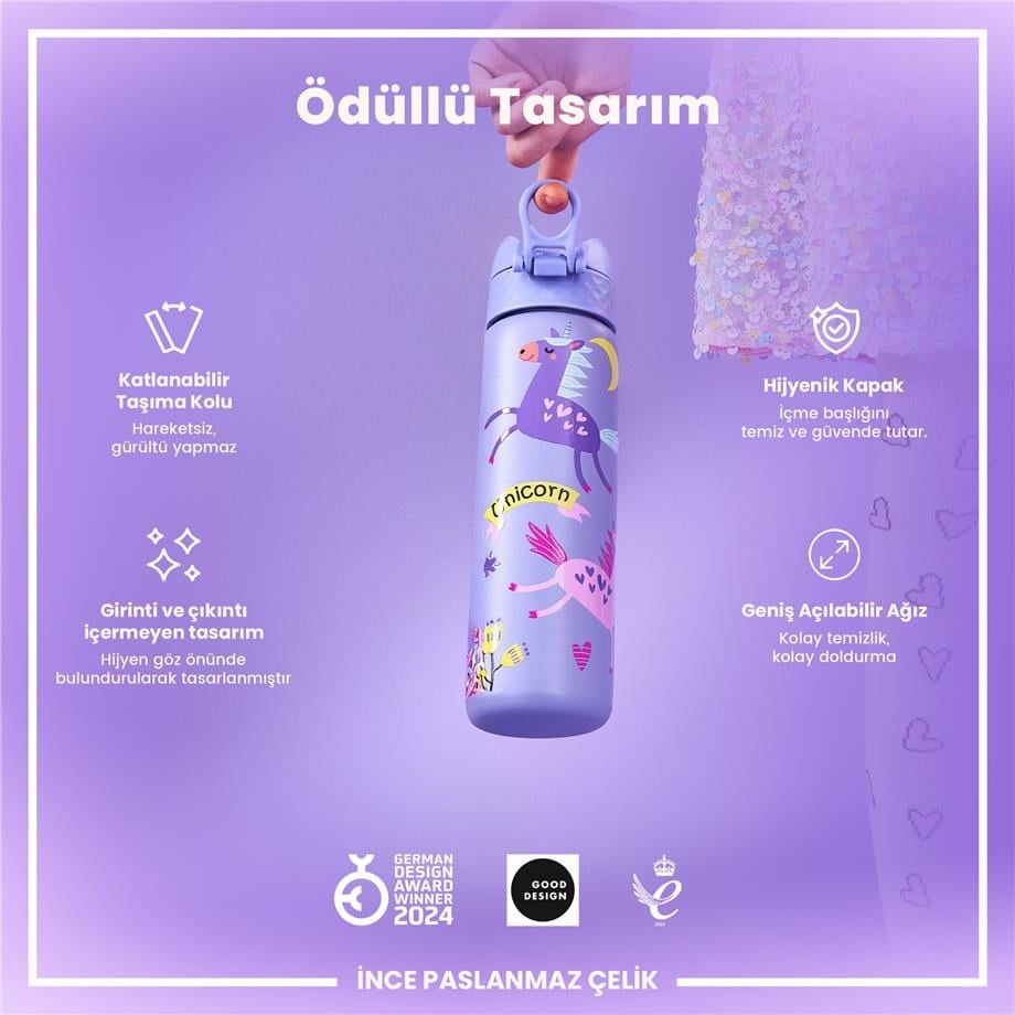 Paslanmaz Çelik İnce Suluk - Mor Unicorn - 600 ml - Sızdırmaz
