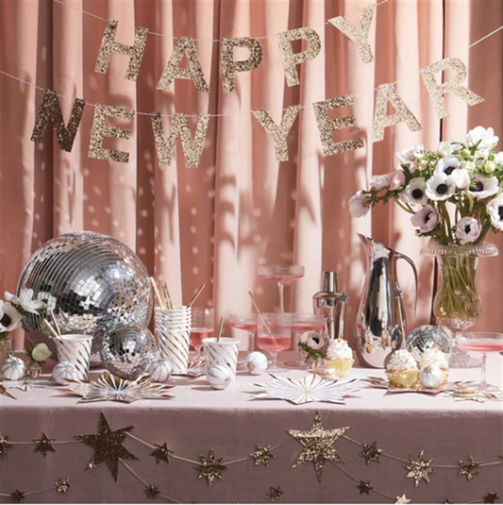 Gold Glitter Happy New Year Garland - Altın Simli Happy New Year Asılan Süs